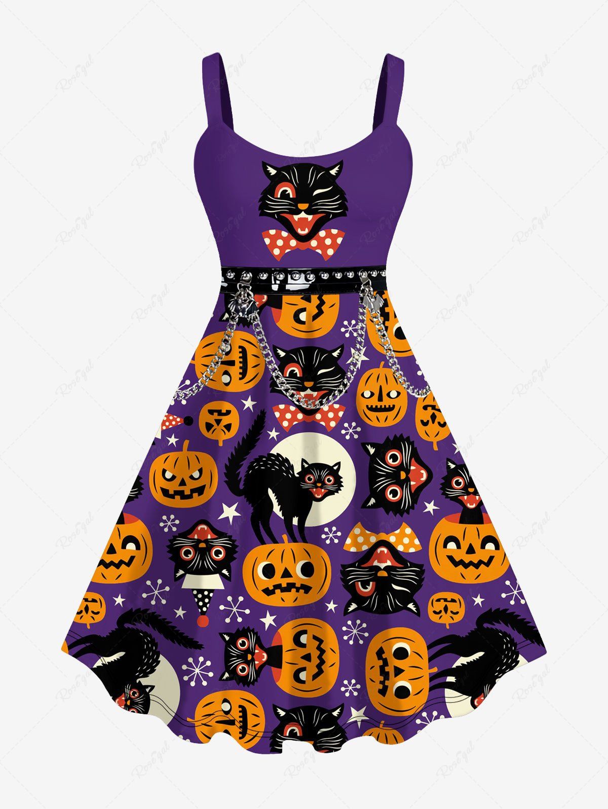 Hot Plus Size Halloween Pumpkin Cat Grommets Chains 3D Print Tank Dress  