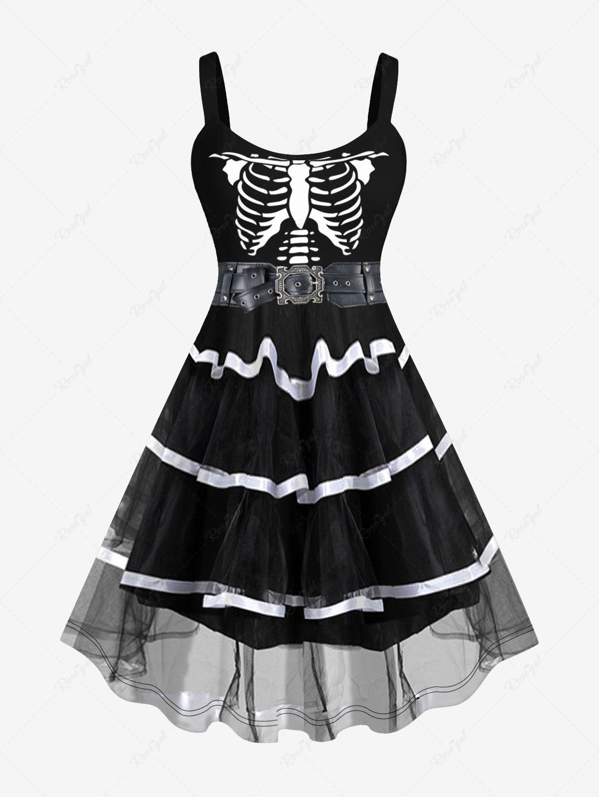 Latest Plus Size Halloween Skeleton Stripe Mesh Layered Belt 3D Print Tank Dress  