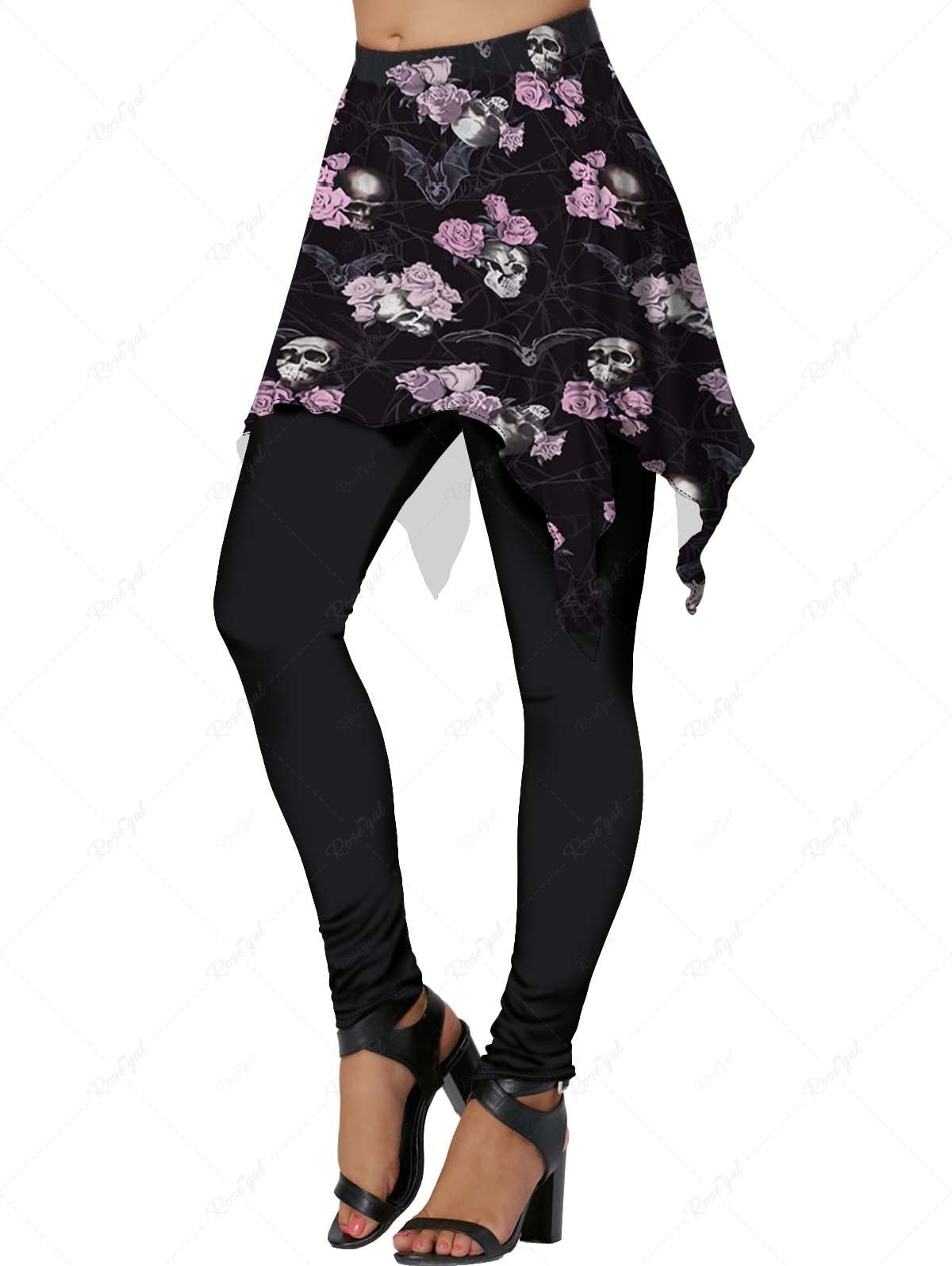 Outfits Halloween Skull and Rose Print Middle Waist Skirted Leggings  