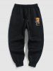Pantalon de Jogging Ficelle Délavé Motif Ours de Dessin Animé en Molleton pour Homme - Noir M