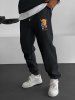 Pantalon de Jogging Ficelle Délavé Motif Ours de Dessin Animé en Molleton pour Homme - Noir M