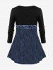 Plus Size 3D Denim Lace Up Zipper Print Patchwork Long Sleeves T-shirt -  
