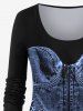 Plus Size 3D Denim Lace Up Zipper Print Patchwork Long Sleeves T-shirt -  