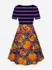 Robe D'Halloween Brillante 3D Citrouille Rayée Imprimée de Grande Taille à Paillettes - Orange L