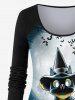 Plus Size Pumpkin Cat Bat Tree Print Glitter Halloween T-shirt -  