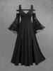 Gothic Flower Rose Lace Bell Sleeves Cold Shoulder Stripe Panel Ruched A Line Dress -  