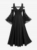 Gothic Flower Rose Lace Bell Sleeves Cold Shoulder Stripe Panel Ruched A Line Dress -  
