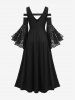 Gothic Flower Rose Lace Bell Sleeves Cold Shoulder Stripe Panel Ruched A Line Dress -  