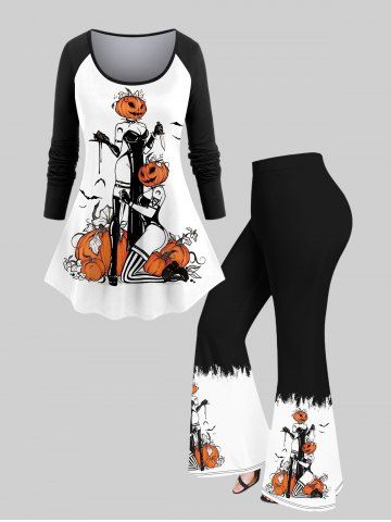 T-shirt D'Halloween Citrouille et Chauve-souris Imprimés à Manches Raglan de Grande Taille