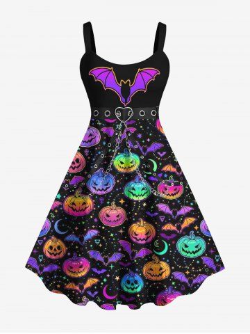 Plus Size 3D Halloween Bat Pumpkin Heart Buckle Chains Grommets Print Tank Dress - MULTI-A - S