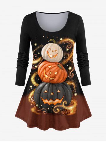 Plus Size Halloween Pumpkin Star Colorblock Glitter Print T-shirt - BLACK - 1X