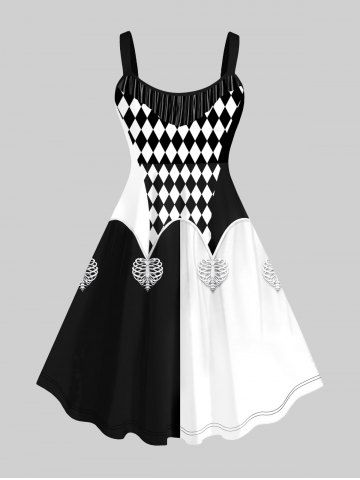 Halloween Clown Costume Plus Size Colorblock Print Tank Dress Jester Lady - BLACK - XS