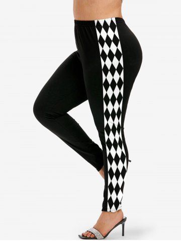 Halloween Clown Costume Plus Size Colorblock Rhombus Print Leggings Jester Lady - BLACK - L