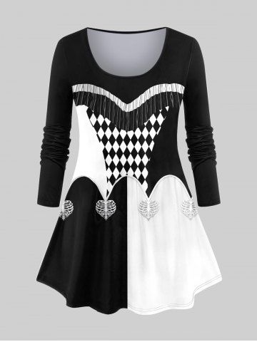 Halloween Clown Costume Plus Size Rhombus Colorblock Heart Print T-shirt Jester Lady - BLACK - XS