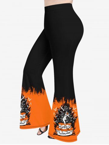 Pantalon Evasé D'Halloween Citrouille et Chauve-souris Imprimés de Grande Taille - ORANGE - M