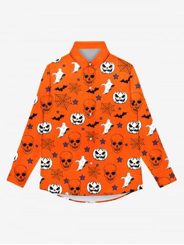 T-shirt D'Halloween Gothique Toile D'Araignée Crâne Citrouille et Fantôme Imprimés avec Boutons - ORANGE - M