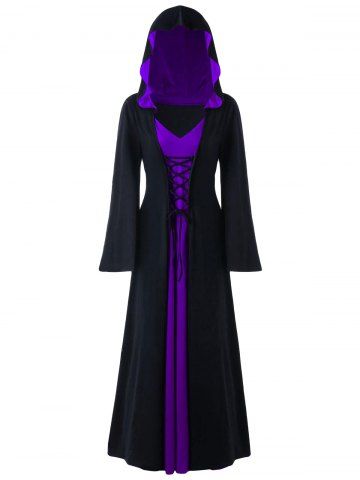 Gothic Halloween Vampire Witch Costume Plus Size Medieval Renaissance Lace Up Two Tone Hooded Dress - PURPLE - L | US 12