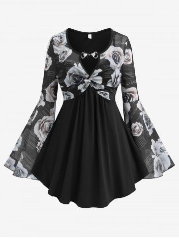Plus Size Valentine's Day Heart Buckle Panel Twisted Flower Print Mesh Bell Sleeves T-shirt - BLACK - M | US 10