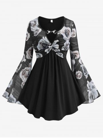 Plus Size Heart Buckle Panel Twisted Flower Print Mesh Bell Sleeves T-shirt - BLACK - 1X | US 14-16