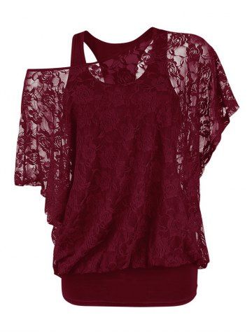 Plus Size Skew Neck Sheer Lace Blouse and Racerback Tank Top - DEEP RED - 3X | US 22-24