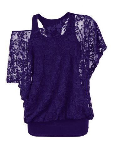 Plus Size Skew Neck Sheer Lace Blouse and Racerback Tank Top - CONCORD - 1X | US 14-16