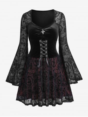 Halloween Plus Size Floral Lace Panel Layered Ruched Velvet Lace-up Bell Sleeves A Line Dress - Black - 4x | Us 26-28