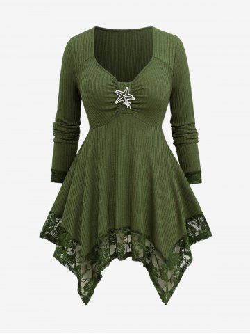 Plus Size Floral Lace Panel Sparkling Star Buckle Ruched Knitted Asymmetric T-shirt - GREEN - M | US 10