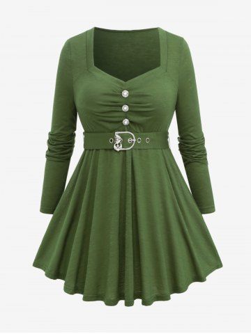Plus Size Mock Button Ruched Sparkling Heart Buckle Belt Long Sleeves Textured T-shirt - DEEP GREEN - M | US 10