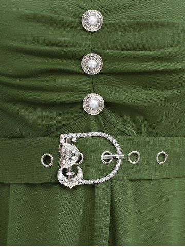 Plus Size Mock Button Ruched Sparkling Heart Buckle Belt Long Sleeves Textured T-shirt