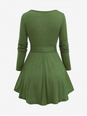 Plus Size Mock Button Ruched Sparkling Heart Buckle Belt Long Sleeves Textured T-shirt