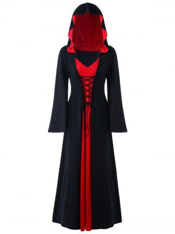 Plus Size Medieval Renaissance Lace Up Two Tone Hooded Dress - RED - M | US 10