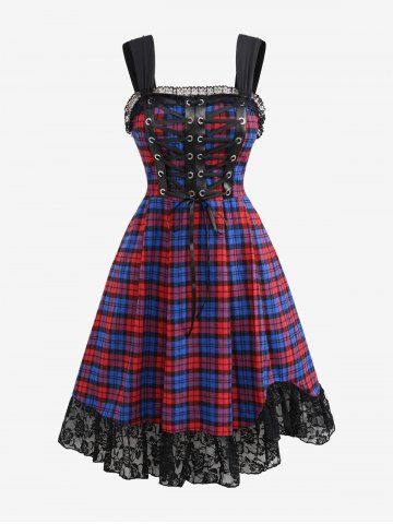 Plus Size Floral Lace Trim Grommets Lace-up Plaid Tank Dress - BLUE - L | US 12