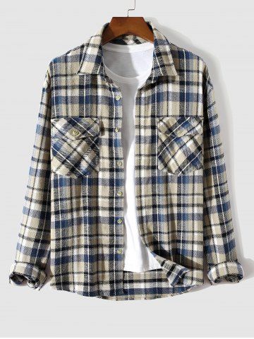 Men's Casual Daily Plaid Cargo Pockets Button Up Long Sleeve Flannel Shirt Jacket Shacket - LIGHT COFFEE - M
