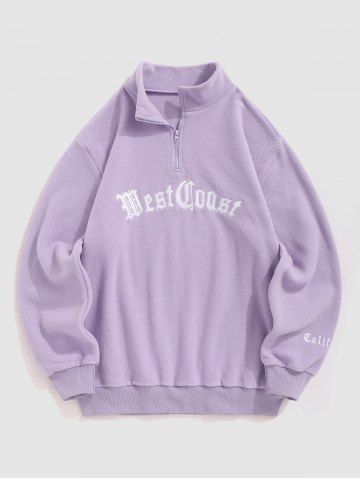 Half Zip Polar Fleece Letter Embroidered Sweatshirt - PURPLE - XXL