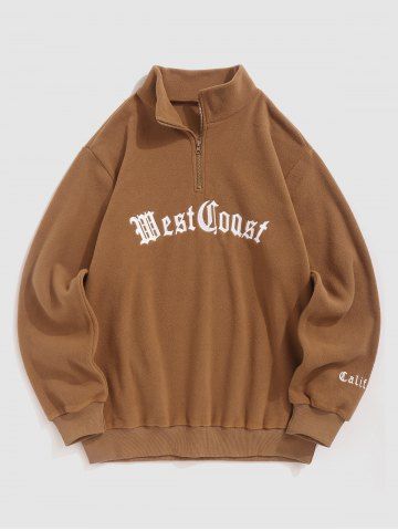 Half Zip Polar Fleece Letter Embroidered Sweatshirt - COFFEE - L