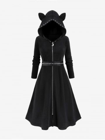 Robe trapèze grande taille à capuche avec oreilles de chat, zip lune, panneaux en PU, rivets, fronces et sherpa - BLACK - M | US 10