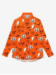 T-shirt D'Halloween Gothique Toile D'Araignée Crâne Citrouille et Fantôme Imprimés avec Boutons - Orange 2XL