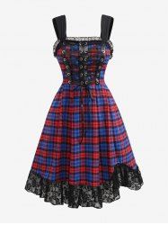 Plus Size Floral Lace Trim Grommets Lace-up Plaid Tank Dress -  