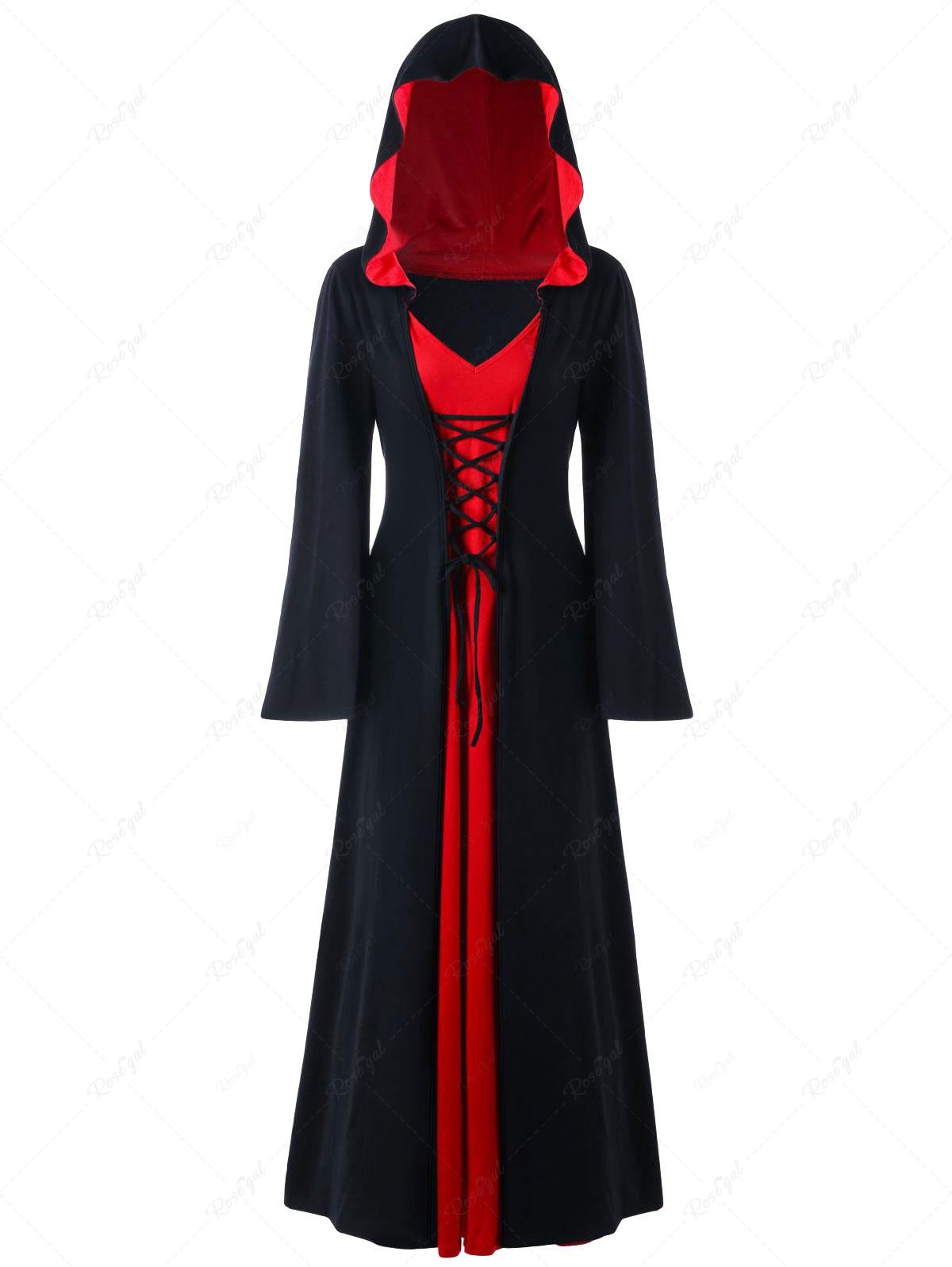 Shop Plus Size Medieval Renaissance Lace Up Two Tone Hooded Dress  