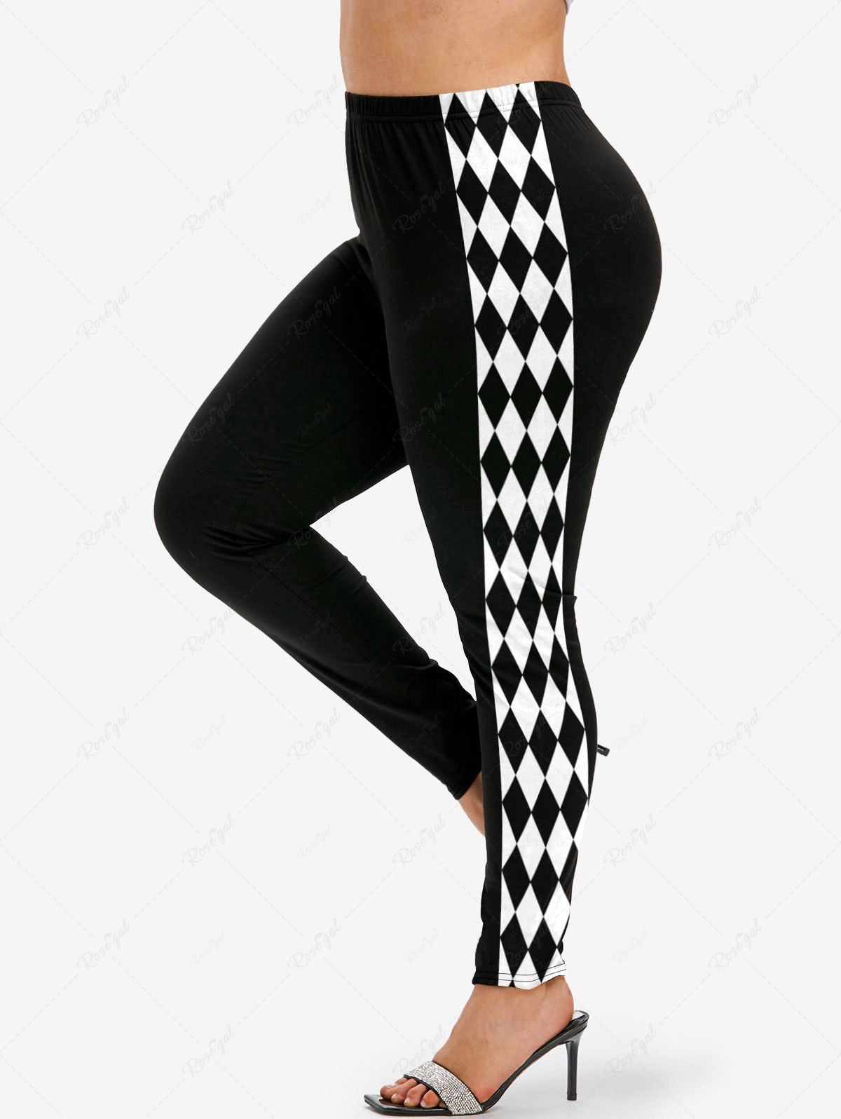 Outfit Halloween Clown Costume Plus Size Colorblock Rhombus Print Leggings Jester Lady  