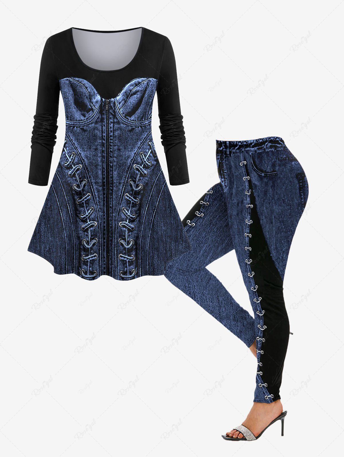 Discount 3D Denim Lace Up Zipper Printed Long Sleeves T-shirt and Patchwork Leggings Plus Size Outfit  