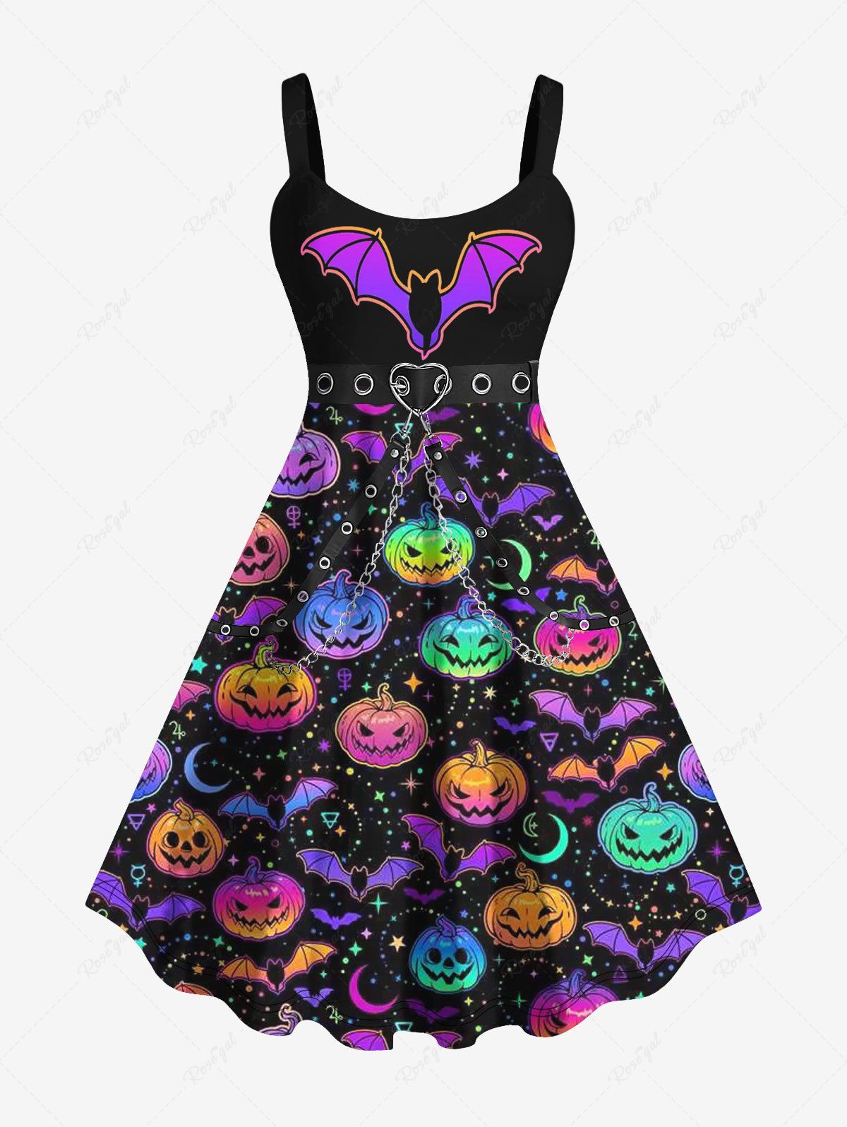 Trendy Plus Size 3D Halloween Bat Pumpkin Heart Buckle Chains Grommets Print Tank Dress  