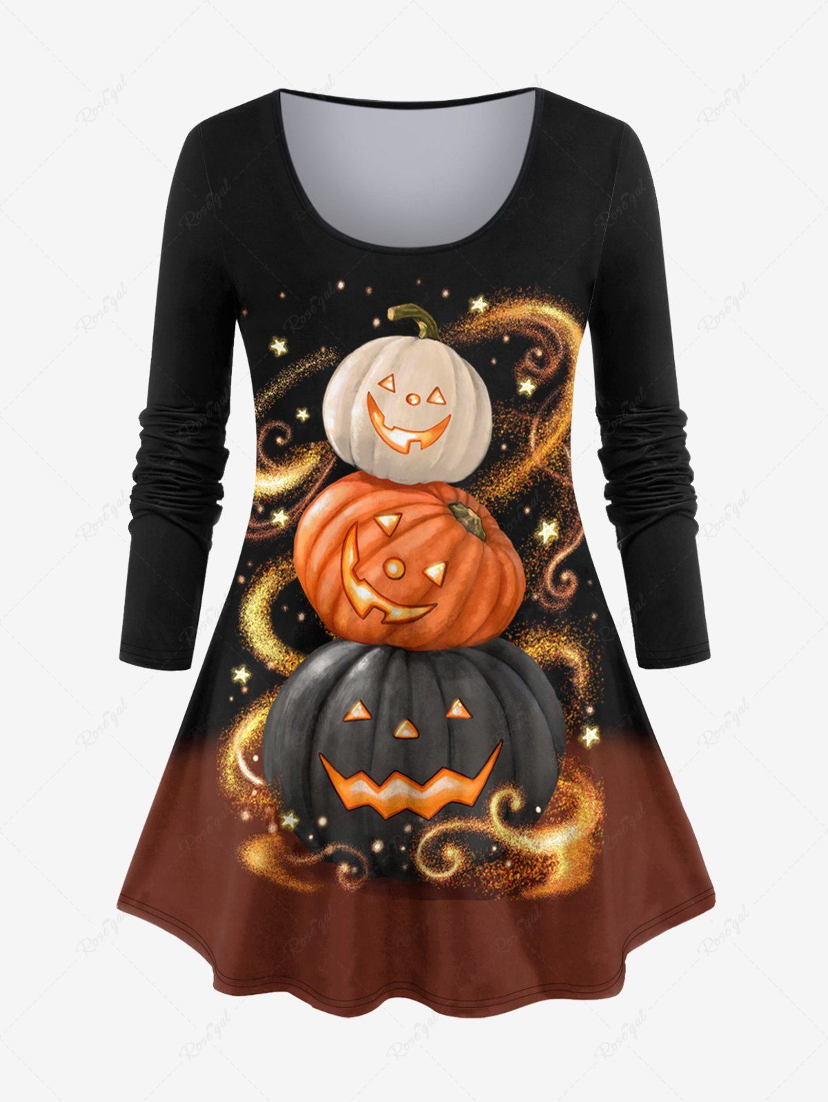 Outfits Plus Size Halloween Pumpkin Star Colorblock Glitter Print T-shirt  
