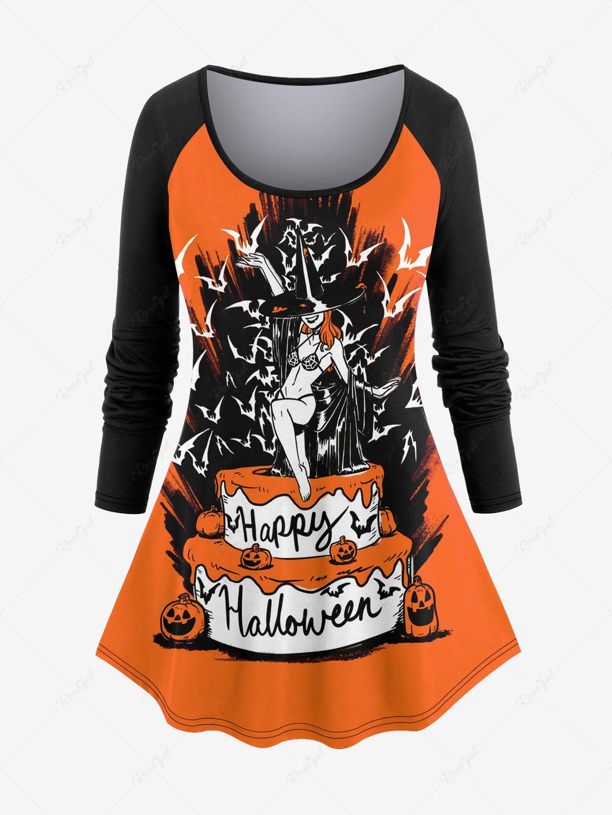 Online Plus Size Wizard Bat Pumpkin Cake Print Halloween Raglan Sleeves T-shirt  
