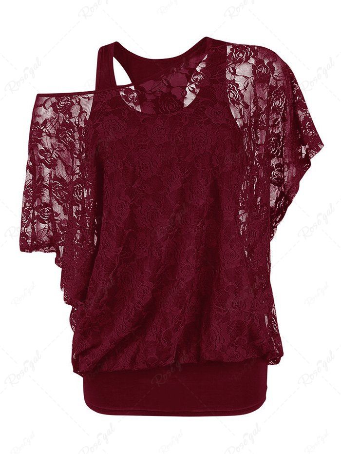Outfits Plus Size Skew Neck Sheer Lace Blouse and Racerback Tank Top  