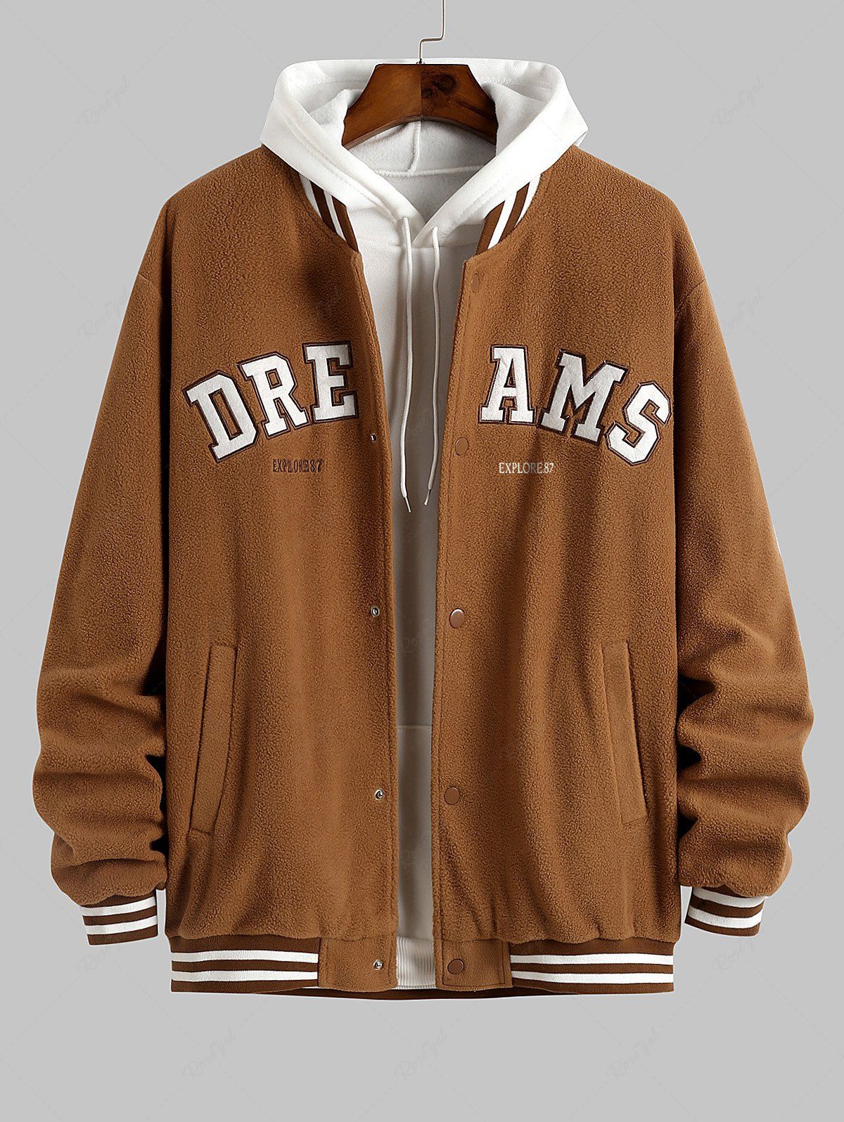 Chic Men's DREAMS Embroidered Fuzzy Polar Fleece Baseball Collar College Style Jacket  