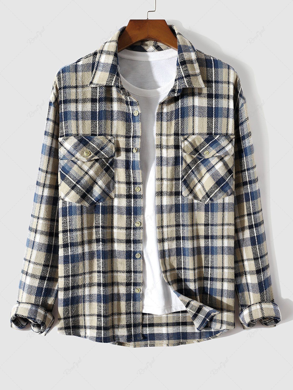 Sale Men's Casual Daily Plaid Cargo Pockets Button Up Long Sleeve Flannel Shirt Jacket Shacket  