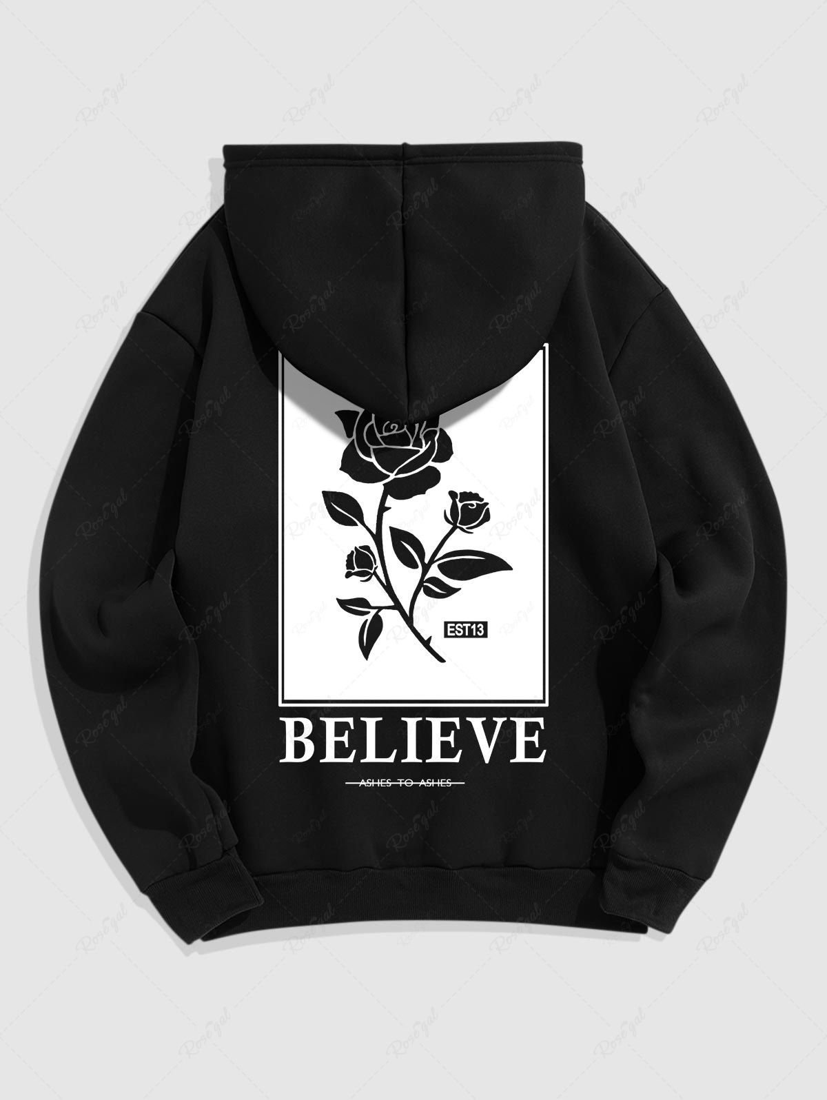 Fashion Men's BELIEVE Rose Pattern Thermal Fleece-lined Kangaroo Pocket Pullover Hoodie  