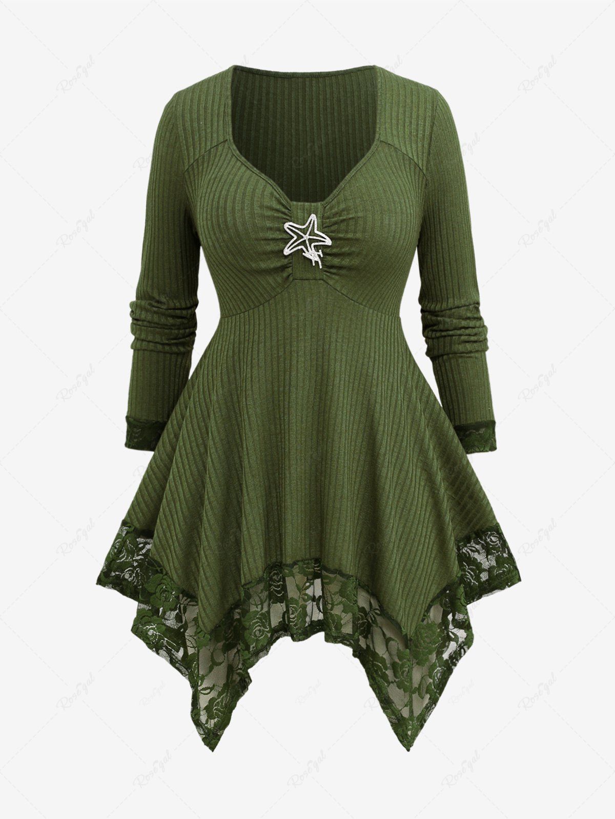 Sale Plus Size Floral Lace Panel Sparkling Star Buckle Ruched Knitted Asymmetric T-shirt  
