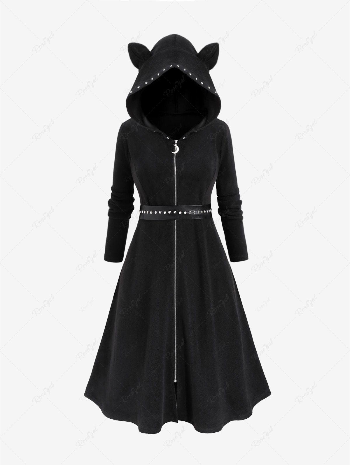 Sale Plus Size Moon Zipper PU Panel Rivet Ruched Sherpa Cat Ear Hooded A Line Dress  